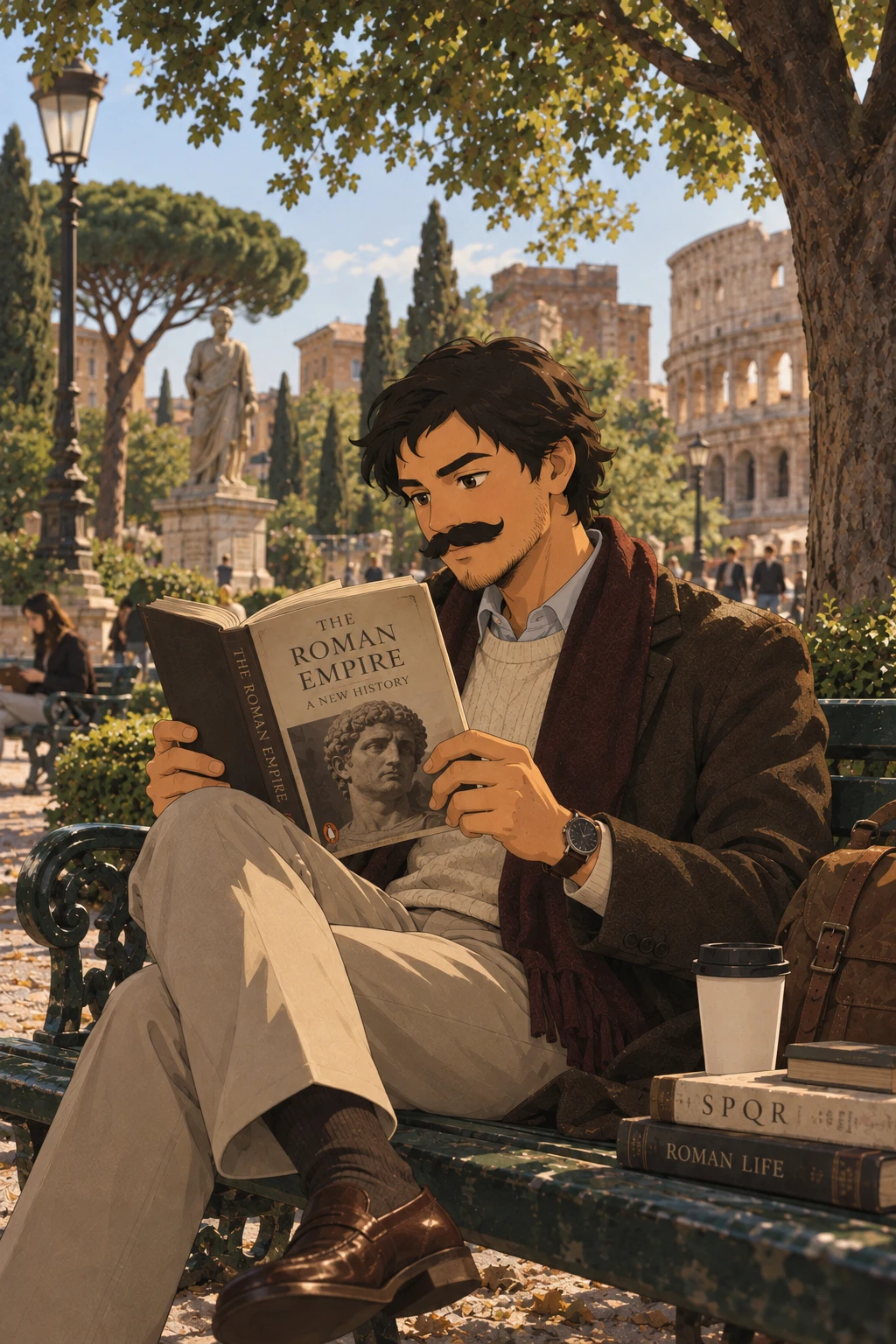 An illustration of Francisco reading a book about the Roman Empire on a park bench near the Colosseum.