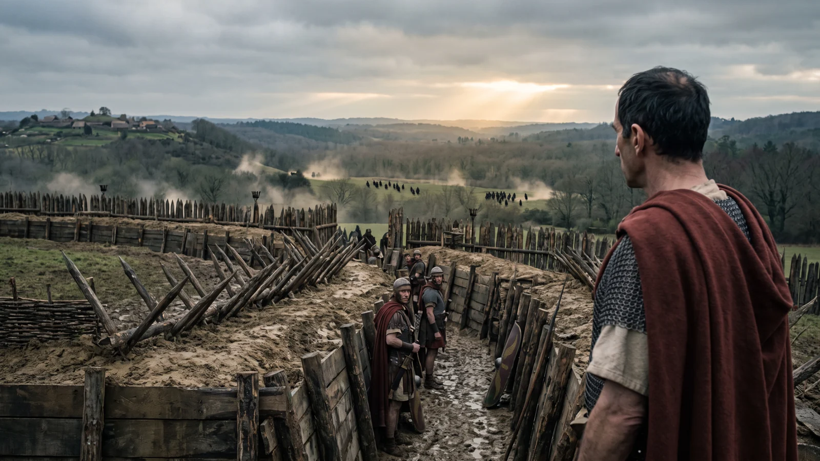 Dramatized view across Caesar’s siege works at Alesia.