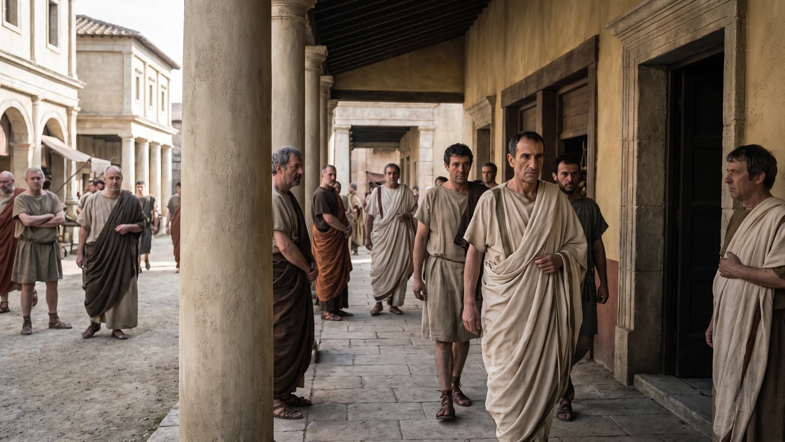 Dramatized view into a crowded street in late-Republican Rome.