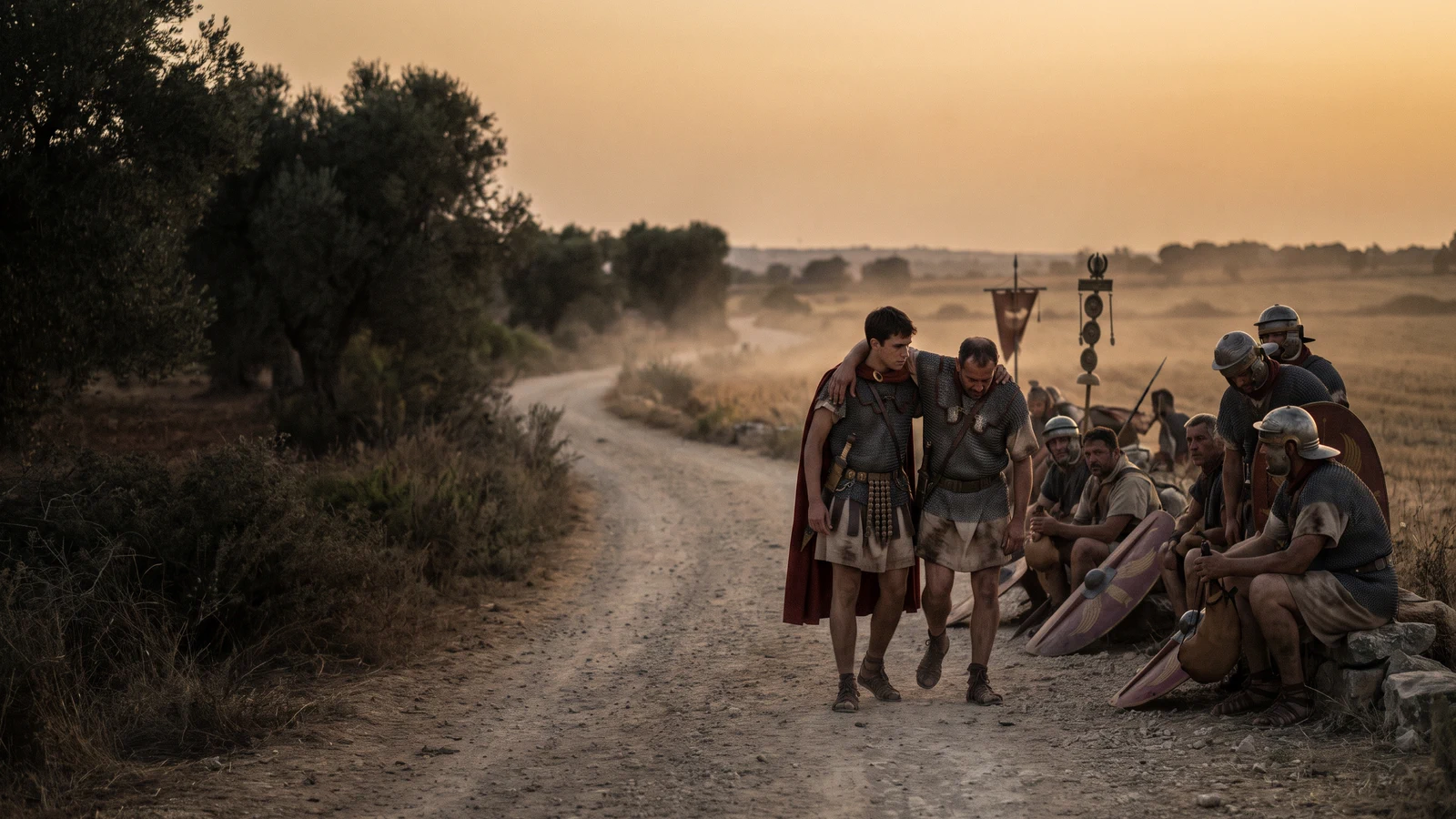 Dramatized Roman survivors regrouping along a dusty Apulian road after Cannae.