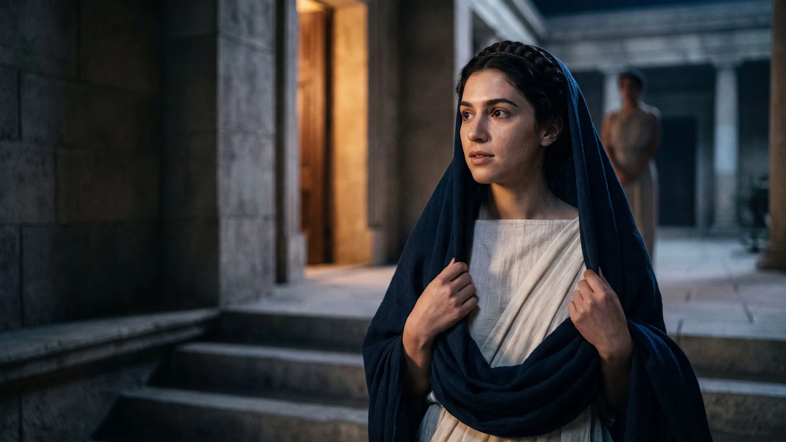 Dramatized Cleopatra in an indigo mantle entering Alexandria’s lamplit palace at night.