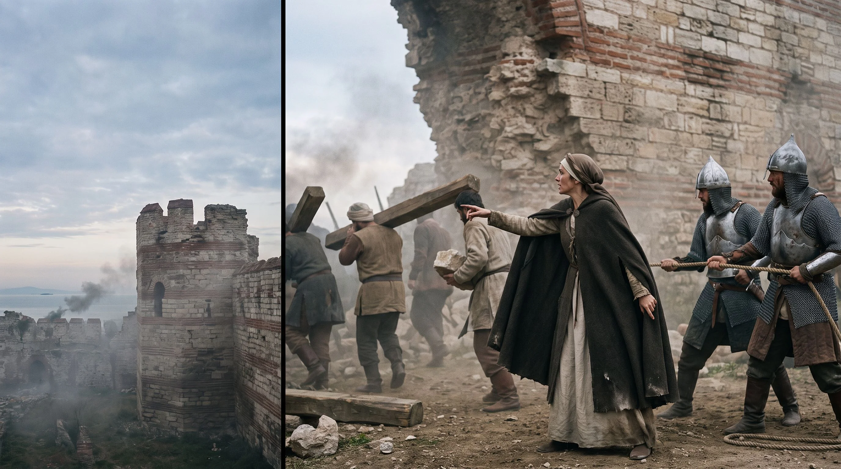 Dramatized repair crews carrying timber beneath Constantinople’s battered land walls.
