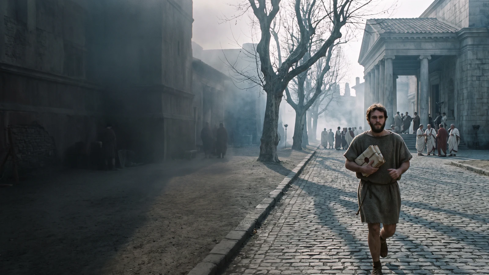 Dramatized messenger approaching senators near the Curia of Pompey on the Ides of March.