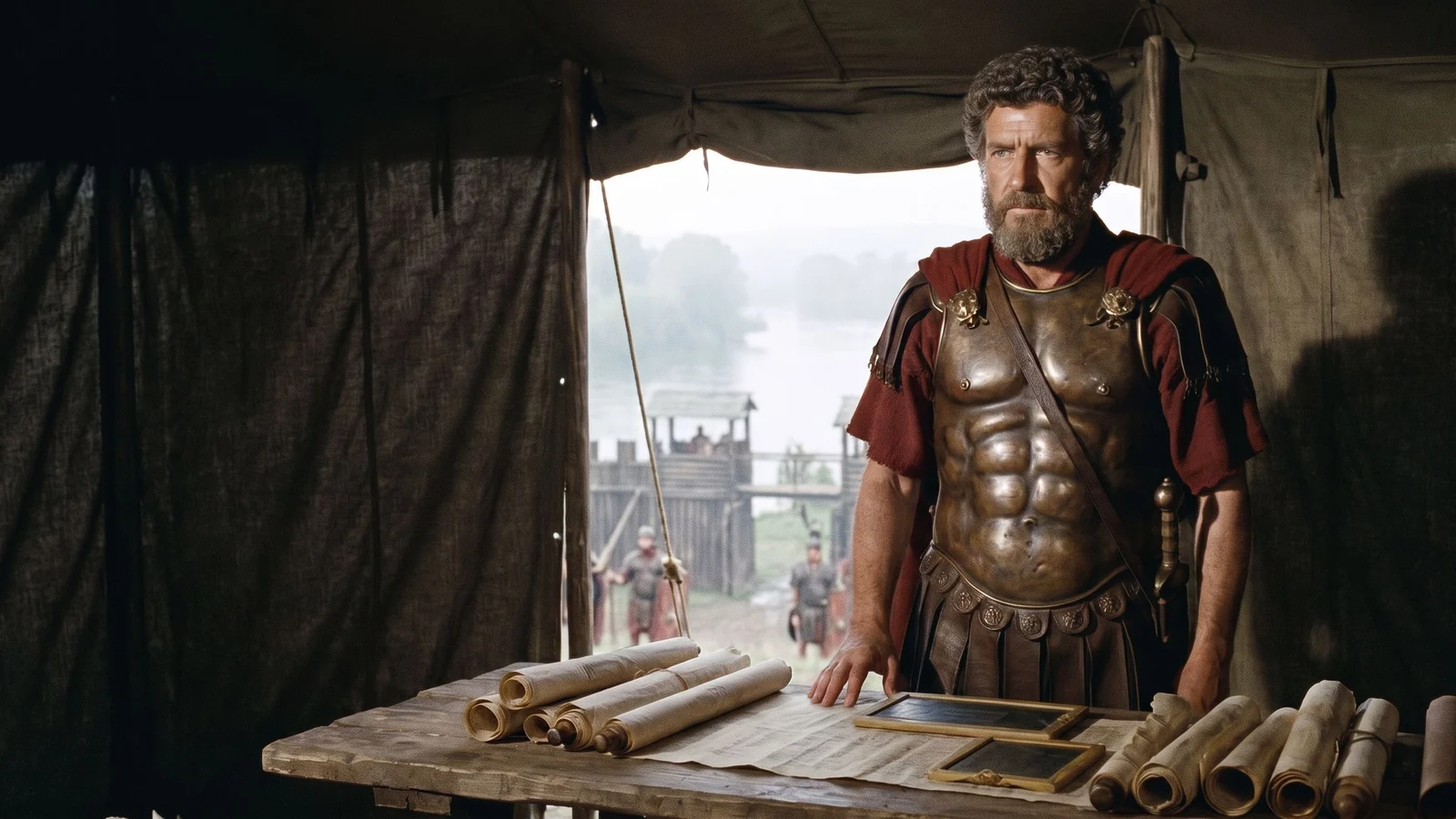 Dramatized Marcus Aurelius standing in Roman armor and a crimson cloak at a frontier campaign table.