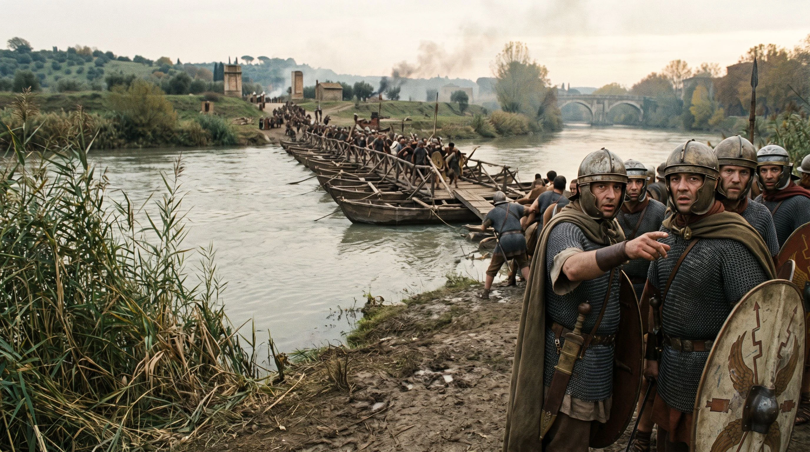 Dramatized soldiers crowding toward a failing crossing over the Tiber at the Milvian Bridge.