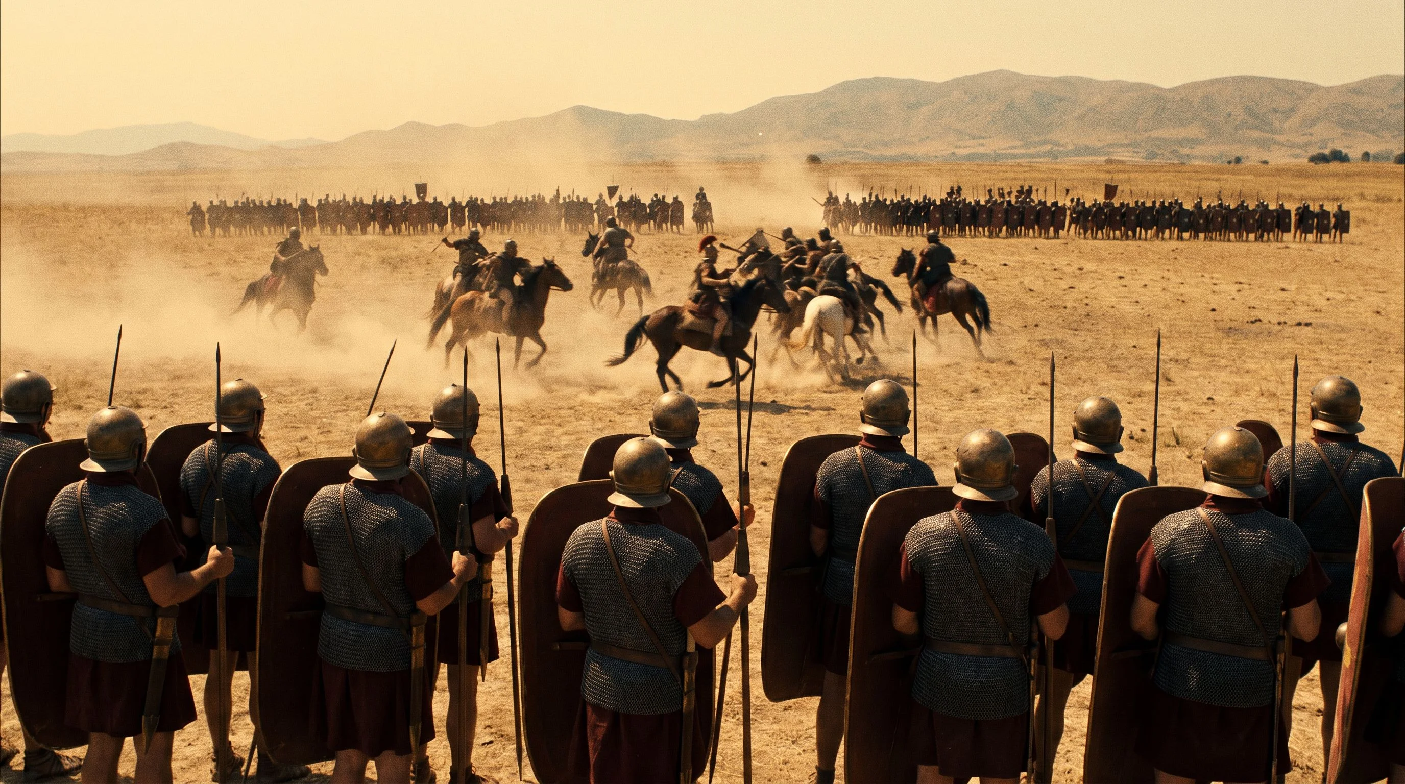 Dramatized Roman lines advancing toward each other across the plain of Pharsalus.