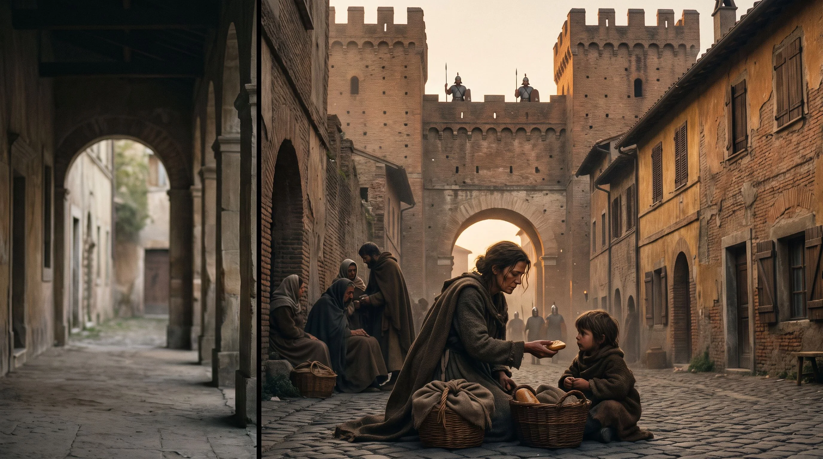 Dramatized residents sheltering near Rome’s walls during the siege of AD 410.