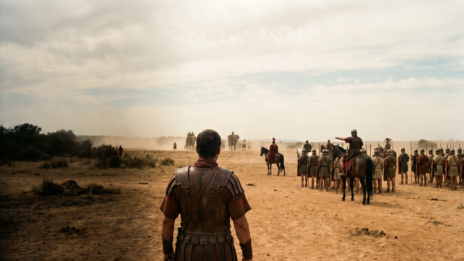 Dramatized Roman formations opening lanes before distant elephants at Zama.
