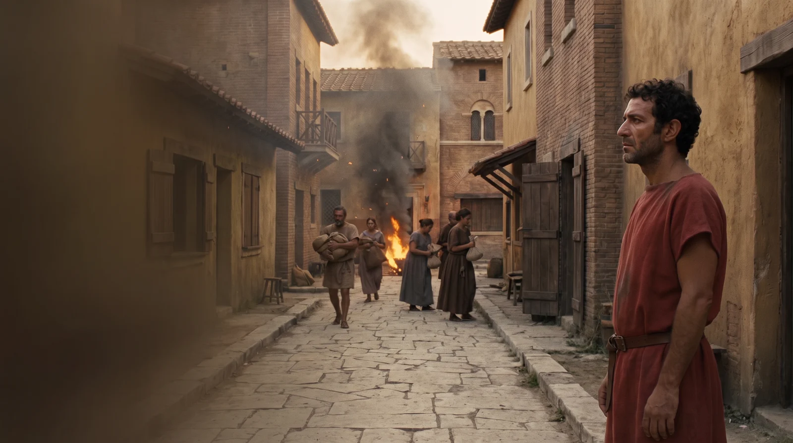 Dramatized view of smoke rising beyond a Roman neighborhood.
