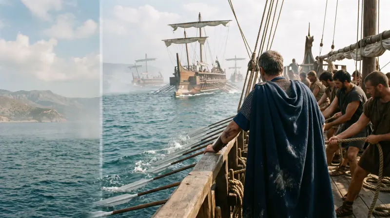 Dramatized war galleys forming a battle line across the Ambracian Gulf at Actium.