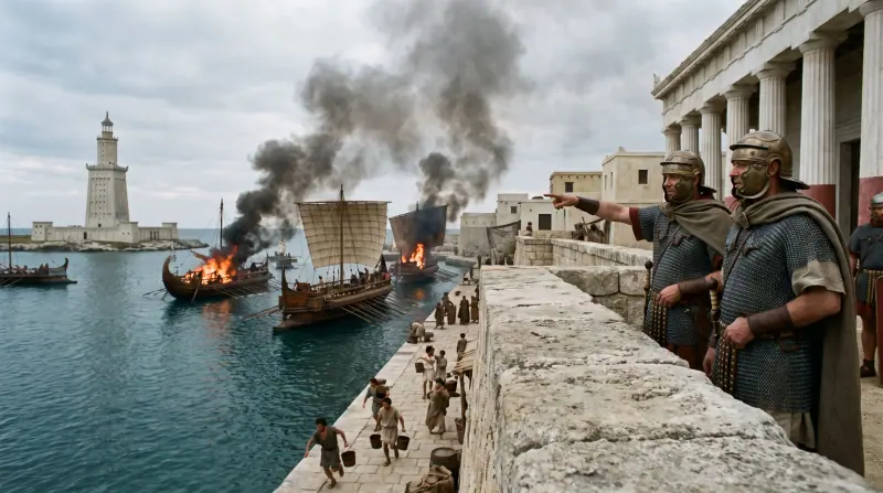 Dramatized view across Alexandria’s harbor as fire spreads beyond the palace quarter.