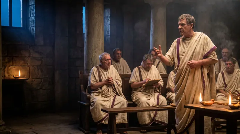 Dramatized view of Cicero addressing senators by lamplight during the Catiline debate.