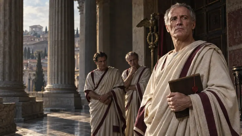 Dramatized Julius Caesar in a Republican portico as senators wait to approach him.
