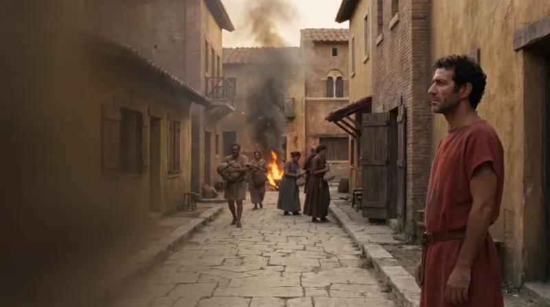 Dramatized view of smoke rising beyond a Roman neighborhood.