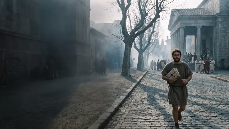Dramatized messenger approaching senators near the Curia of Pompey on the Ides of March.