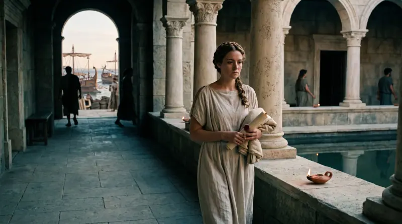 Dramatized attendant crossing a quiet Alexandrian palace courtyard as a fleet gathers offshore.